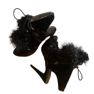 Missguided Black Velvet Fur Strappy Lace Up Fur High Heels